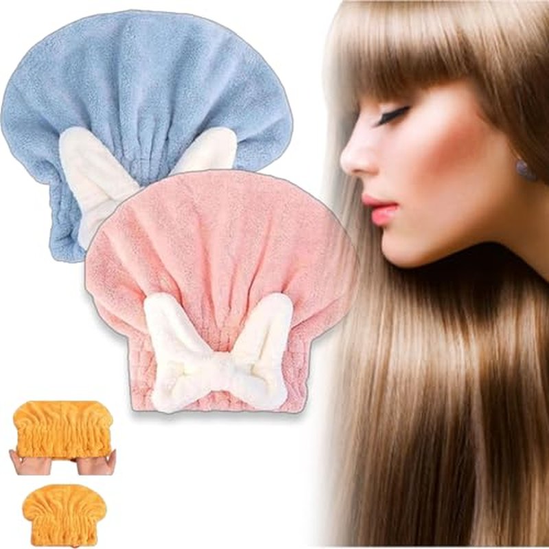 MYNOCK New Super Absorbent Hair Towel Wrap for Wet Hair, Efficient Hair Towel, Soft Absorbent Quick Drying Cap with Bow-Knot,Microfiber Super Absorbent Hair Towel Wrap (Blue+Pink, 2pcs)
