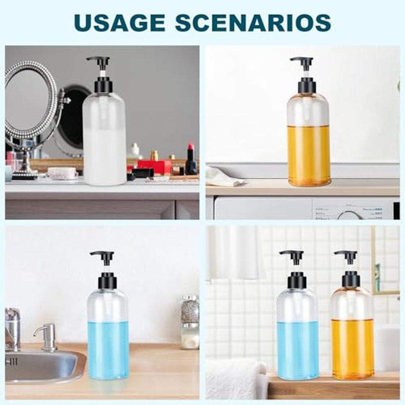 KREMORV Plastic Pump Bottles Dispenser 16oz/500ml Colorful Clear Plastic Bottles 3 Pack Empty Refillable Pump Bottle for Body Wash, Liquid Soap, Massage Oil