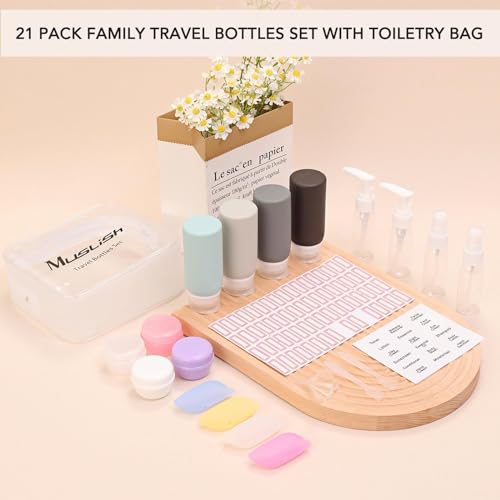 Muslish 21 Pack Travel Bottles for Toiletries, Leak-Proof TSA Compliant Silicone Travel Size Containers for Shampoo and Conditioner, BPA Free with Toiletry Bag (Apricot)