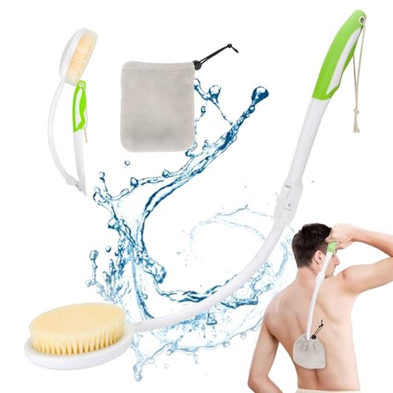 Dual Head Replacement Back Brush Long Handle for Shower, 14.5” Back Bath Brush for Lotion Applicator Exfoliation and Improved Skin Health for Elderly with Limited Arm Movement（2 Brush Heads） ﻿