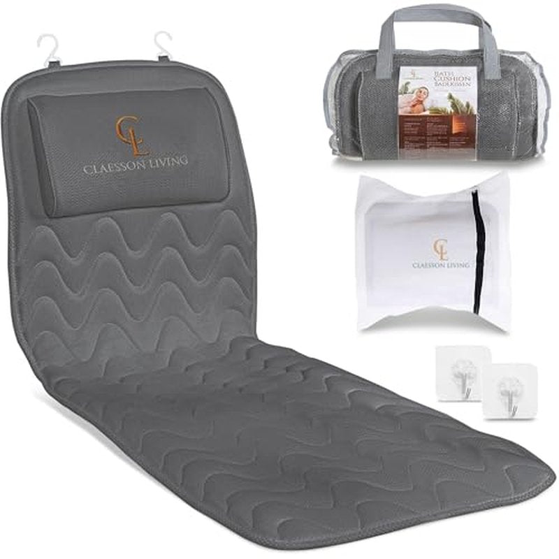 Claessonliving Full-Body Bath Pillow (17'' x 49'') - Bathtub Cushion with Headrest Supports Neck, Back and Legs - Free Hanging Hooks for Fast Drying Over Tub - Includes Washing and Travel Bags - Gray
