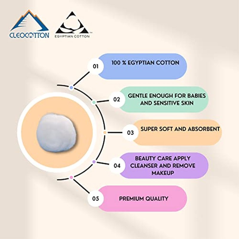 Cleocotton, Premium Egyptian Cotton Balls (200 Count), 100% EGYPTIAN COTTON, Ultra Soft (Made in Egypt)
