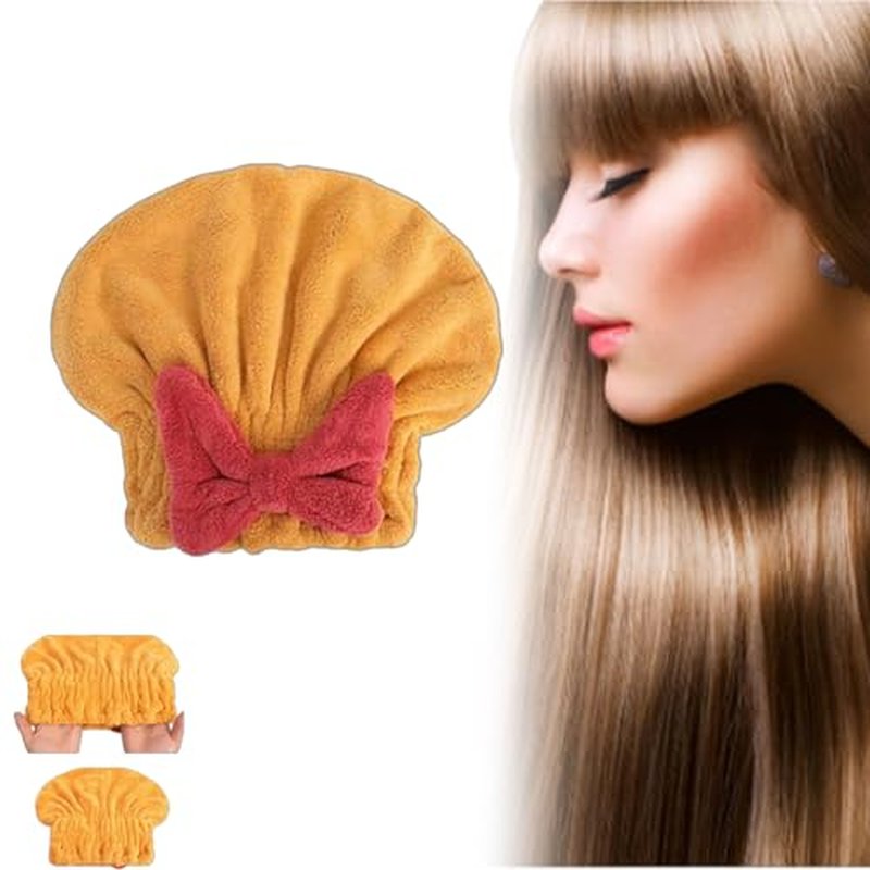 MYNOCK New Super Absorbent Hair Towel Wrap for Wet Hair, Efficient Hair Towel, Soft Absorbent Quick Drying Cap with Bow-Knot,Microfiber Super Absorbent Hair Towel Wrap (Yellow, 1pcs)