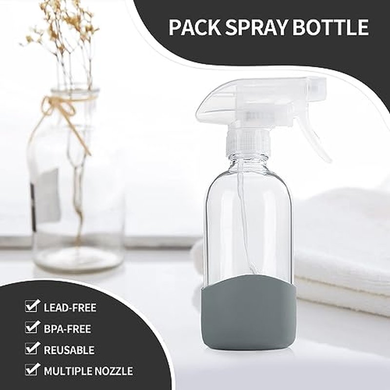 HOMBYS 8 Oz Empty Clear Glass Spray Bottles with Silicone Sleeve Protection Refillable Containers for Cleaning Solutions, Essential Oils, Misting Plants - Quality Sprayer - 1 Pack Boston Bottles