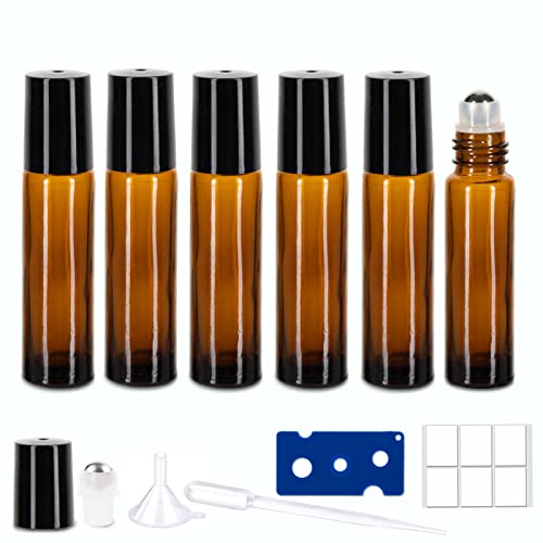 6 Pack Essential Oil Roller Bottles, 10ml Roller Balls for Essential Oils, Amber Glass Roller Bottles, Roll on Bottles with Stainless Steel Roller Balls, Labels, 1*Openers, 1*Funnels, 1*Dropper