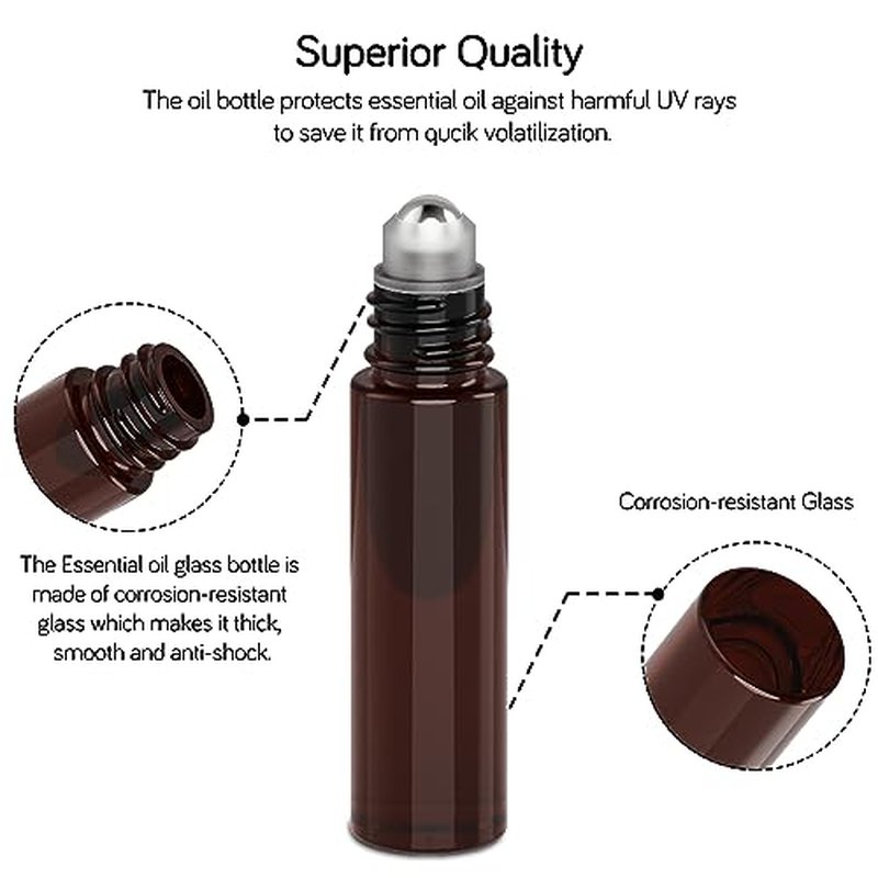 PrettyCare Roller Bottles For Oils 10 ml (Amber Glass, 12 Pack, 1 Extra Stainless Steel Balls, 12 Labels, 1 Opener, 1 Funnels Essential Oil Roller Bottles, Roller on Bottles