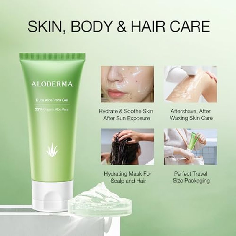 Aloderma 99% Organic Aloe Vera Gel Made within 12 Hours of Harvest, Refreshing Travel Size Aloe Vera Gel for Face & Body, Cooling, Soothing Instant Relief for Skin & Sunburn, Hydrating Aloe Gel, 1.5oz