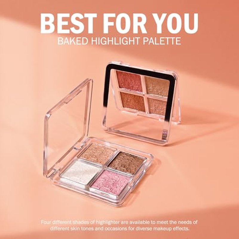 KYDA Baked Powder Highlighter, 4 Color Shimmer Glow Illuminating Powder Palette, Long lasting Face Highlighter Bronzer Makeup Palette for Girls Women-#01