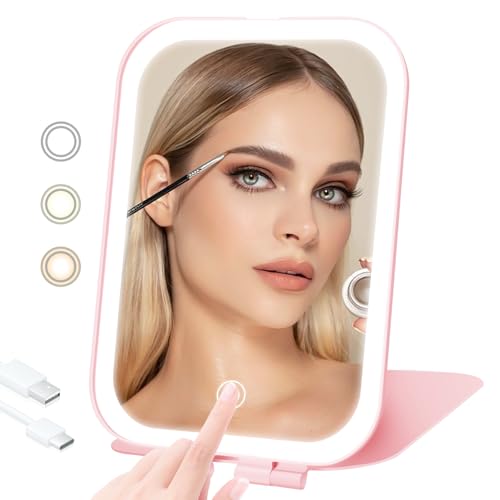 Puiuisoul Travel Makeup Mirror, Portable Mirror with Light, 3 Adjustable Light Settings USB-Rechargeable Vanity Mirror for Bedroom, Office, Home, Gift for Women and Girls (Pink)