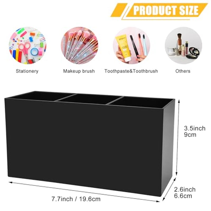 Cerpourt Black Makeup Brush Organizer,Acrylic Cosmetic Brushes Storage Holder with 3 Slots,Pencil Pen Holder for Desk,Desk Organizer and Accessories for Vanity