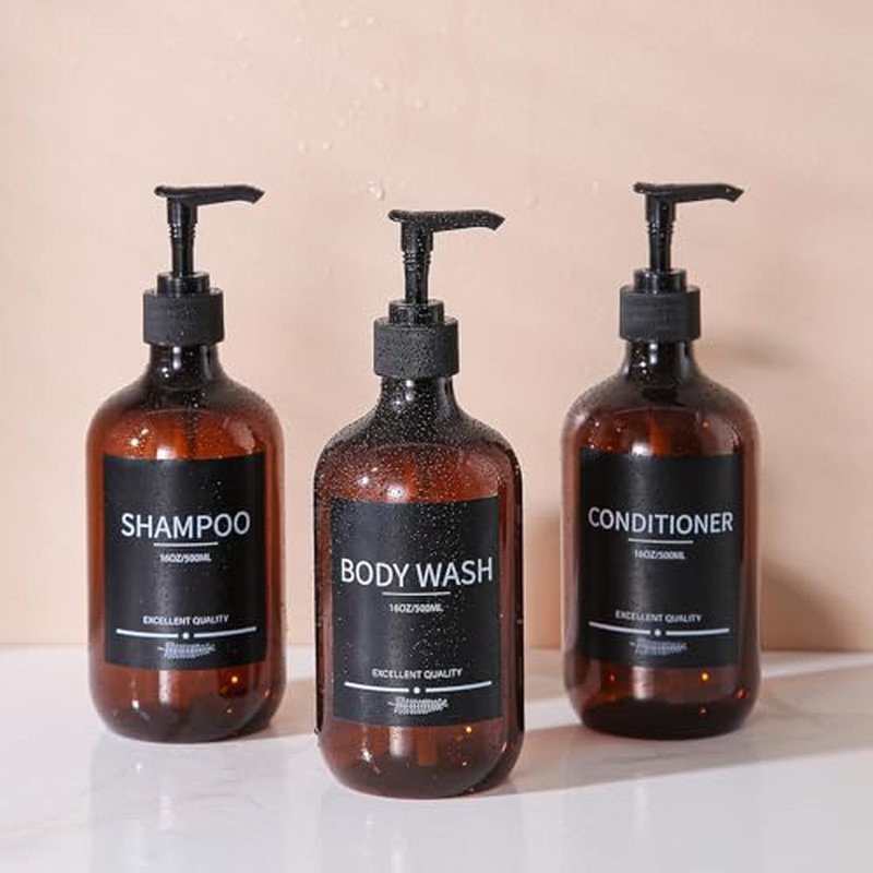 Mithrgrous 5Pack Amber Shower Bottles Refillable with Labels,16.9oz(500ml) Reusable Shampoo and Conditioner Bottles,Shampoo Dispenser Bottles,Shampoo and Conditioner Bottles