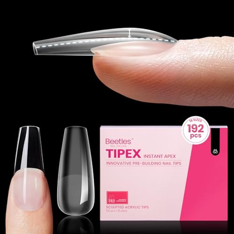 Beetles Tipex Instant Apex Nail Tips, Short Coffin 192 Pieces Pre-Building & Pre-Etched Thicker Acrylic Nail Tips - Upgraded with 16 Sizes for Flat Nails Press on Nails
