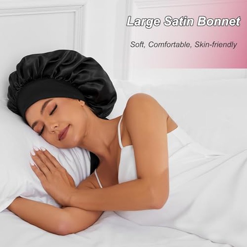 Satin Silk Bonnet Hair Bonnet for Sleeping Jumbo Sleep Cap, Black Bonnet for Women Curly Hair, Double Layer Bonnet with Tie Band