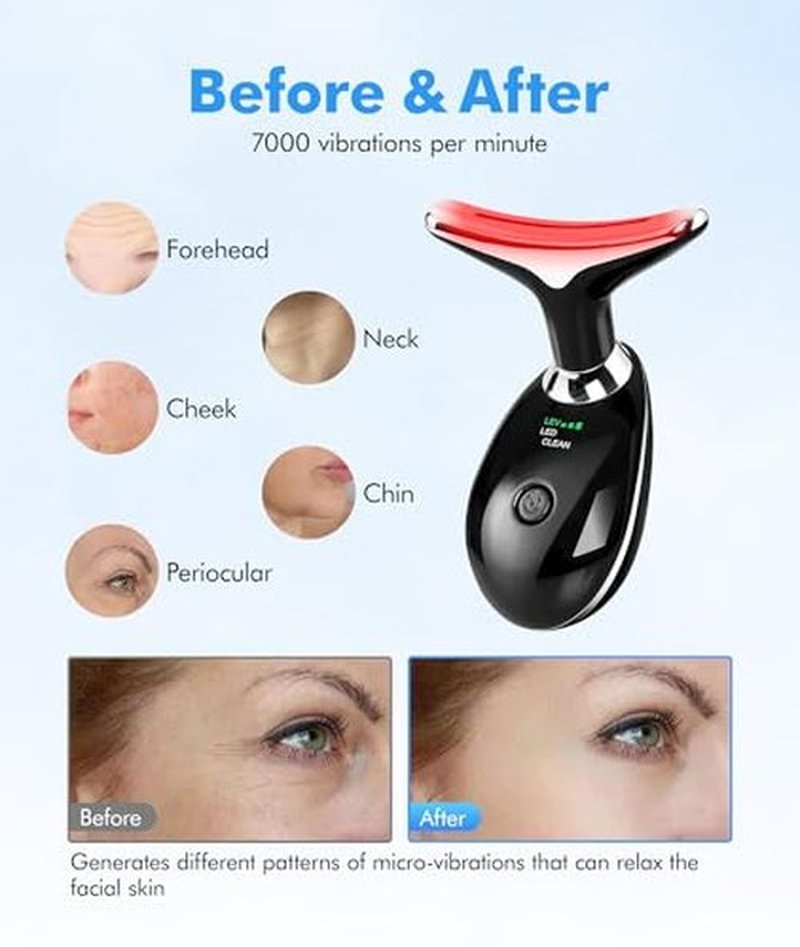 SDKWDH Red-Light-Therapy-for-Face-and-Neck, 7 Color Face Massager Tool for Wrinkles, Double Chin, Vibrating Facial Massager with Thermals for Skin Care, Glossy Black
