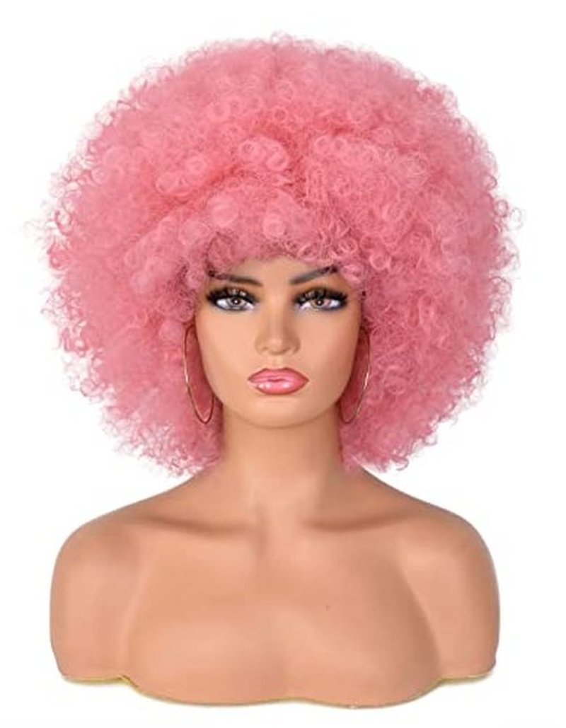 ANNISOUL Afro Wigs for Black Women Short Curly Afro Kinky Wig 70s Bouncy Huge Fluffy Puff Wigs Premium Synthetic for Cosplay and Daily(Pink)