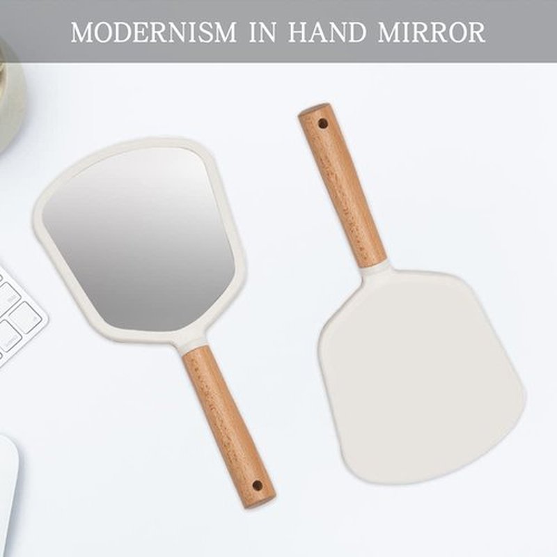 YEAKE Hand Held Mirror with Handle for Makeup,Small Cute Wood Hand Mirror for Shaving with Hole Hanging Single-Sided Portable Travel Vanity Mirror for Men&Women(Fanshape)