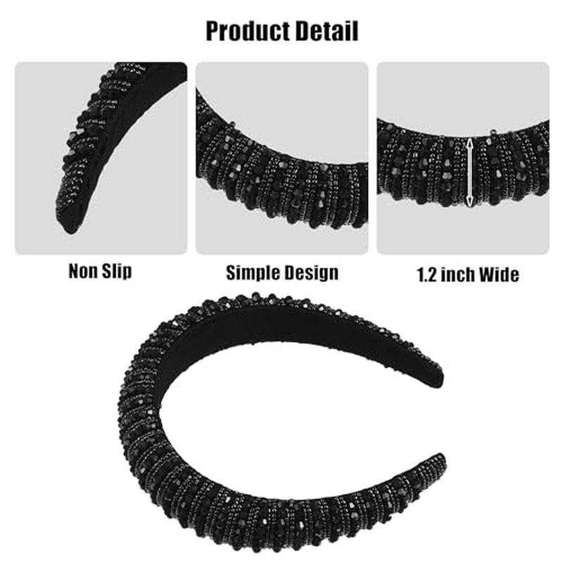 VOCOSTE Crystal Headband, Rhinestone Hairband for Women, Black, 1.2 Inch Wide