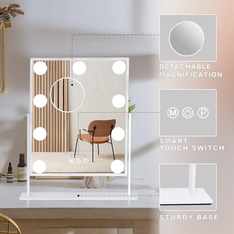 Leishe Hollywood Vanity Mirror with Lights, Lighted Makeup Mirror with 3 Color Lighting Modes & 12 LED Blubs, 360 Degree Rotationand 5X Detachable Magnification(White)