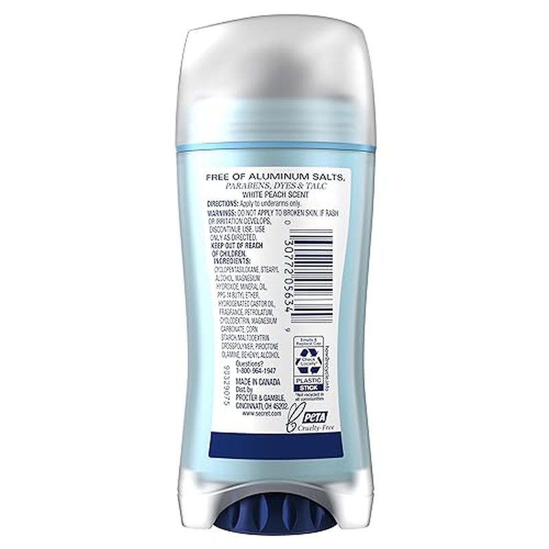 Secret Aluminum Free Deodorant for Women, 48hr Odor Protection, Free of Parabens Dyes Talc & Baking Soda, White Peach Scent, 2.4 oz (Pack Of 3)