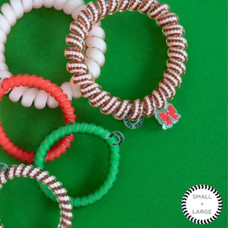 TELETIES - 2024 Holiday Ornament - Spiral Hair Coils - Ponytail Holder Hair Ties for Women - Phone Cord Hair Ties - Strong Grip, No Rip, Water Resistant, No Crease - Mixed 5 Pack