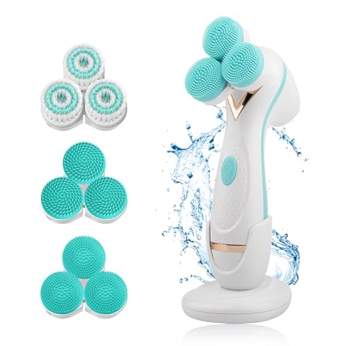 Facial Cleansing Brush, 3 in 1 Face Scrubber Rechargable Waterproof Electric Spin Cleanser with 3 Brush Heads, Electric Face Wash Brush for Exfoliating, Deep Cleansing and Massaging (Blue)
