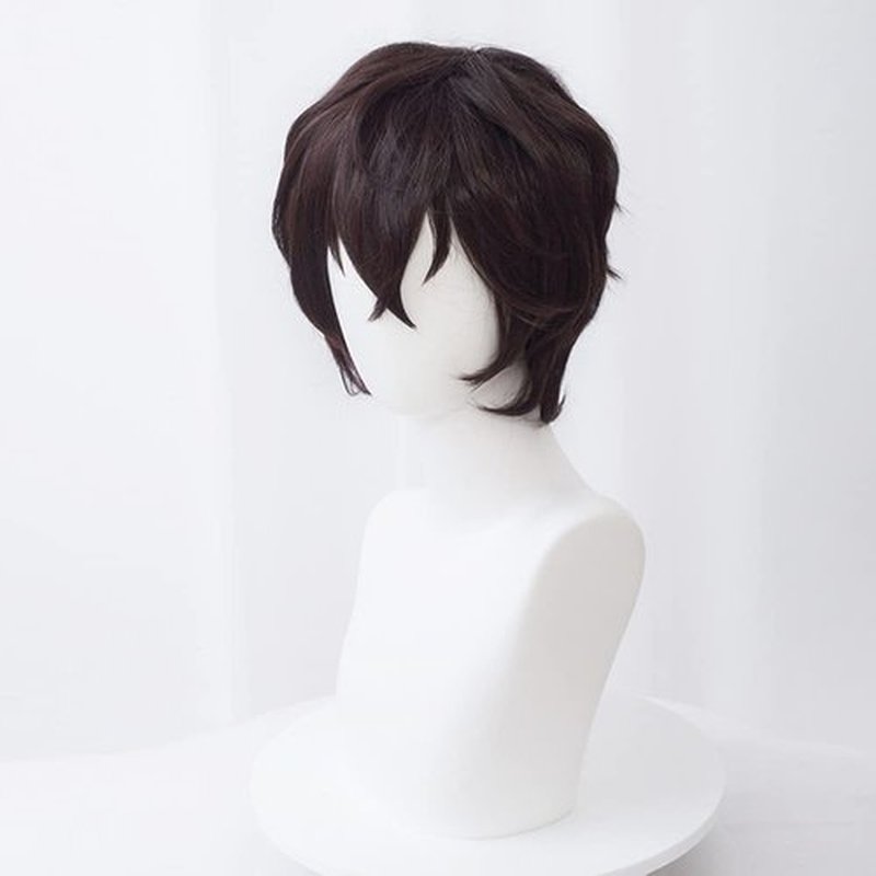 Short Brown Wig Cosplay Costume Male Men Anime Layered Fluffy Character Costume Wig Heat Resistant Halloween Party Wig + Wig Cap (Dark Brown)