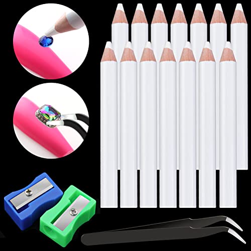 Rhinestones Picker Pencil for Nail Art Gem Crystal Pick up Tool 3.35-inch Rhinestone Pickup Pen 14Pcs with Pencil Sharpener 2Pcs + Tweezer 1Pc