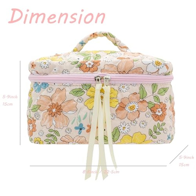 PAZIMIIK Cotton Makeup Bag for Women Large Quilted Travel Cosmetic Pouch Girls' Make Up Organizer,Little Flower