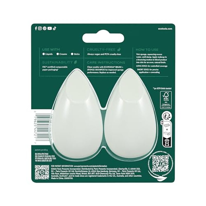 EcoTools Blurring Blender Makeup Sponge Duo, Makeup Blender Sponge For Blurred Skin, For Liquid & Cream Foundation, Cloud Coverage Memory Foam, Eco Friendly & Latex Free, Cruelty-Free & Vegan, 2 Count