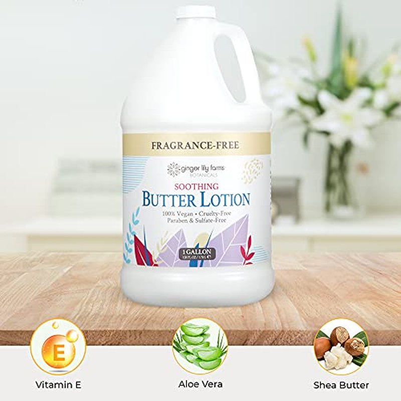 Ginger Lily Farms Botanicals Soothing Butter Lotion for Dry, Sensitive Skin, 100% Vegan & Cruelty-Free, Fragrance Free, 1 Gallon Refill (Pack of 4)