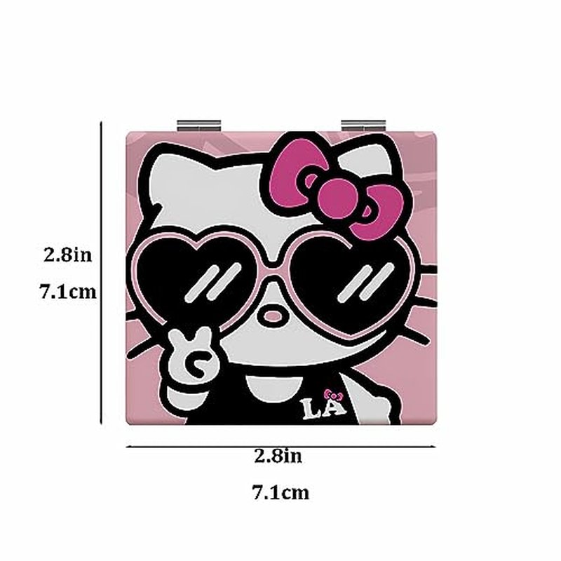 IMAKARA Small Compact Mirror for Purses Pocket Cute Kitty Mini Travel Makeup Mirror 1X/2X Magnifying Gift for Her Women Girls (Pink)