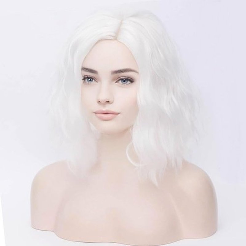 BERON White Wig Short Curly Bob Wig White Wigs Women Beach Wave Wigs for Cosplay Costume Party Wig Cap Included
