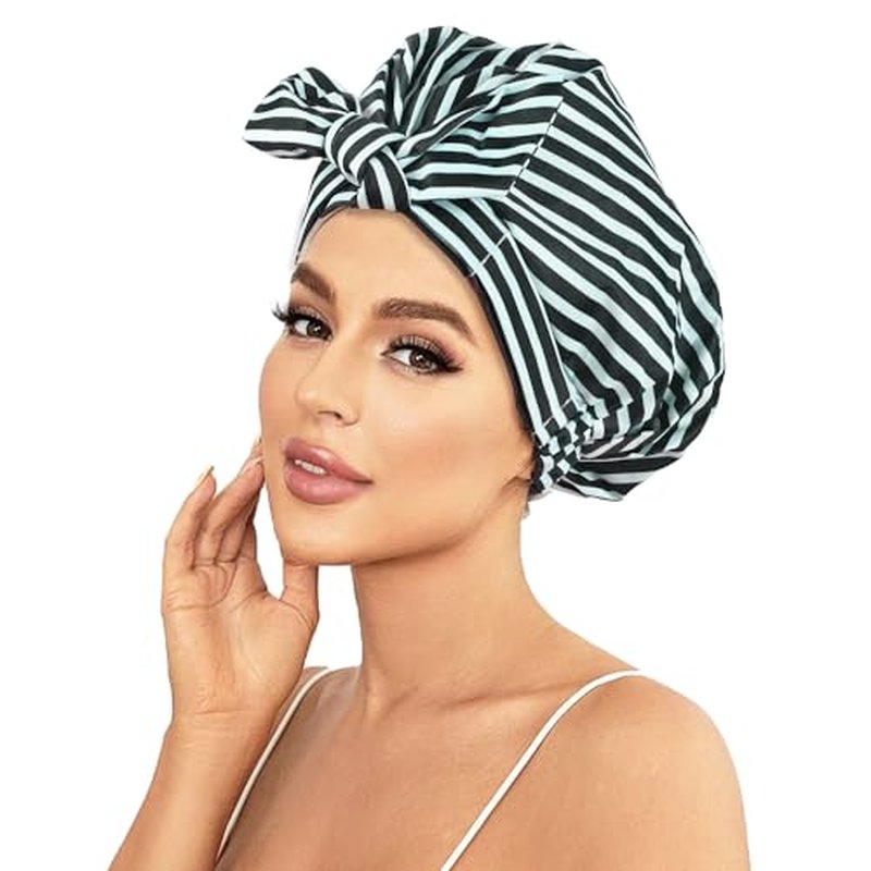 Luvruitaky Shower Cap Luxury Shower Caps for Women Reusable Waterproof Hair Cap for Shower with Adjustable Bowknot Hair Bath Cap (Black Stripe)