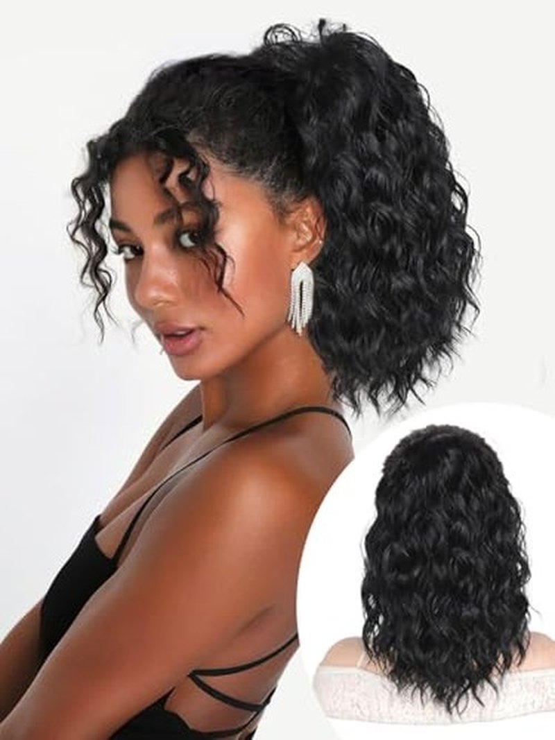 QGZ Black Ponytail Extension 14 Inch Drawstring Ponytail for Women Synthetic Short Curly Wavy Fluffy Clip in Ponytail Hair Extensions for Daily Halloween Use