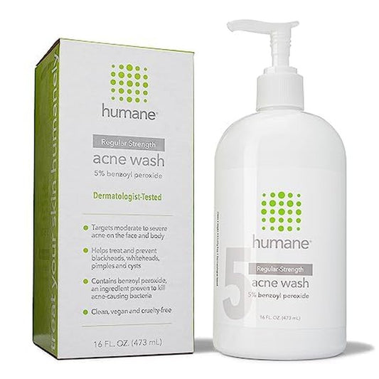 humane Benzoyl Peroxide Acne Body Wash - 5% Regular-Strength Acne Treatment for Face, Skin, Back and Body - 16 Fl Oz - Dermatologist-Tested Non-Foaming Cleanser - Vegan, Cruelty-Free