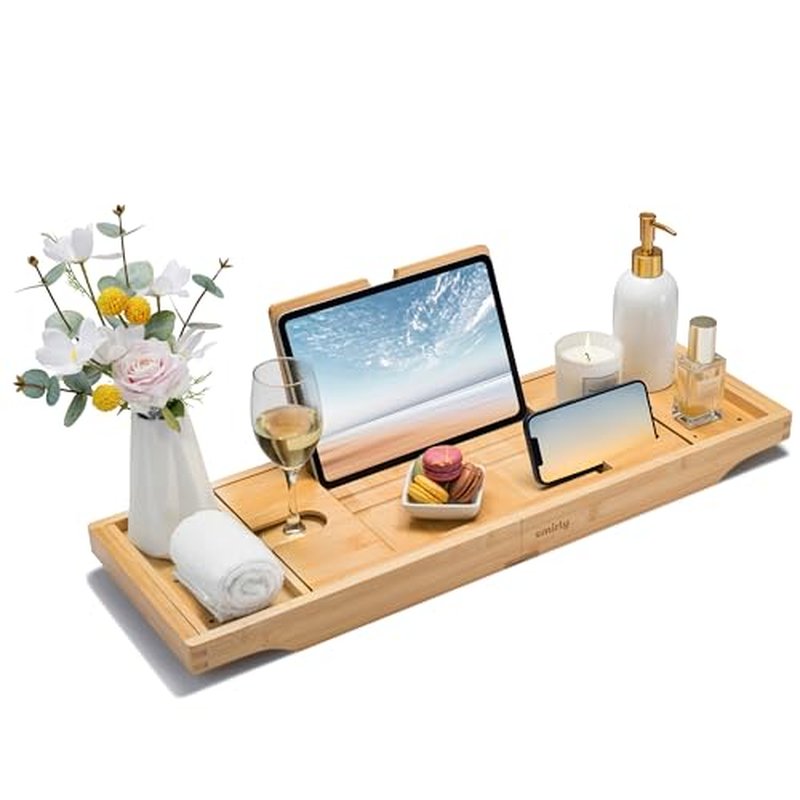SMIRLY Expandable Bamboo Bathtub Tray, Bath Tray for Tub, Bathtub Accessories, Bath Tub Tray Wood, Bath Accessories, Bath Caddy, Bathtub Caddy Tray for Tub, Bath Table Tray