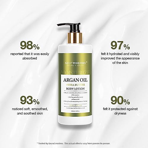 Neutriherbs Body Lotion for Women and Men, Argan Oil + Shea Butter Body Cream, Deep Moisture and Soothin Skin, Plump Bottle - 13.52 Fl Oz