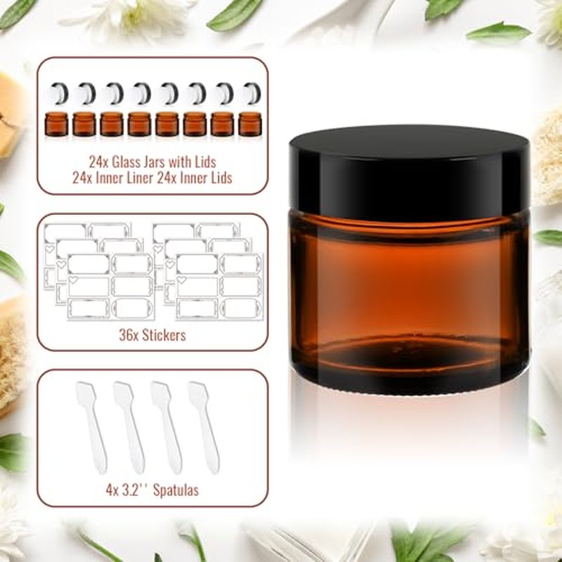 Jaisie.W 2 oz Amber Glass Jars with Lids 24Pack- Portable Glass Cosmetic Jars with Lids 2 oz,Empty Amber Glass Jars with Lids for Lotions,Scrubs(2fl. oz, Set of 24)