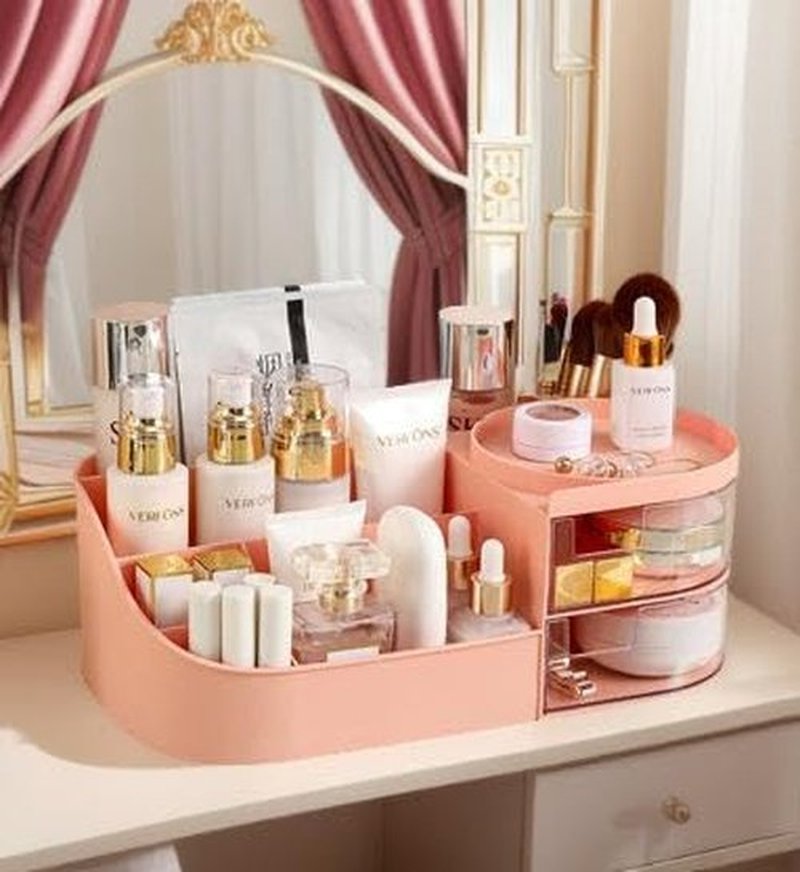 POFUOT skin care organizer,Makeup Desk Organizer With Drawers,Countertop Organizer for Cosmetics,Vanity brush with Holder for Lipstick, Brushes, Eyeshadow, and Desktop Finishing Dresser (D-pink)
