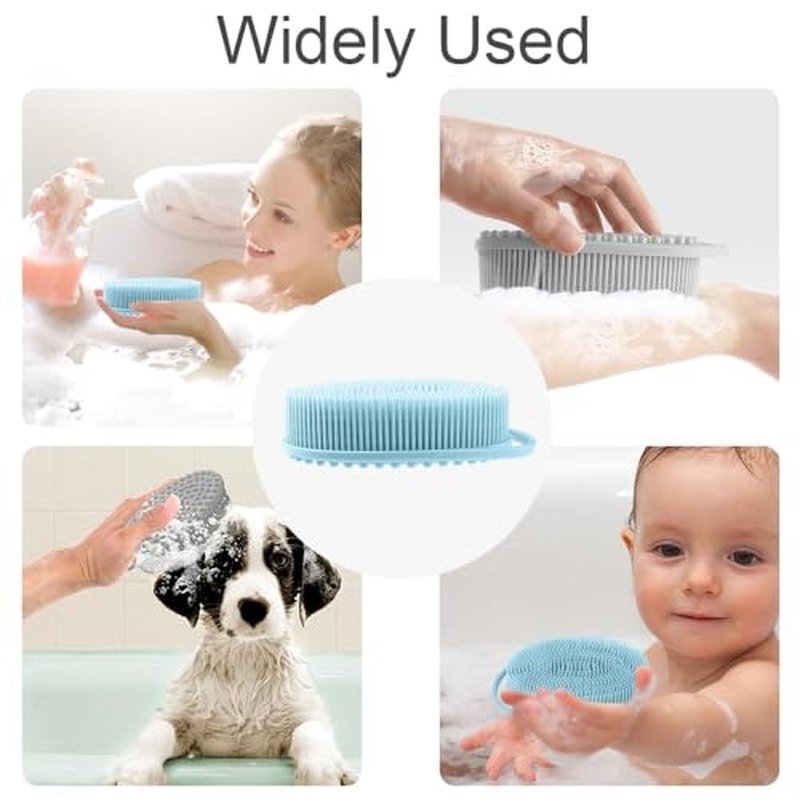 Silicone Body Scrubber, Exfoliating Silicone Loofah, Soft Silicone Body Shower, 2 in 1 Bath and Shampoo Brush, Body Scrubber Shower Cleaning for Sensitive Skin, Lather Well 2 PCS Grey and Blue