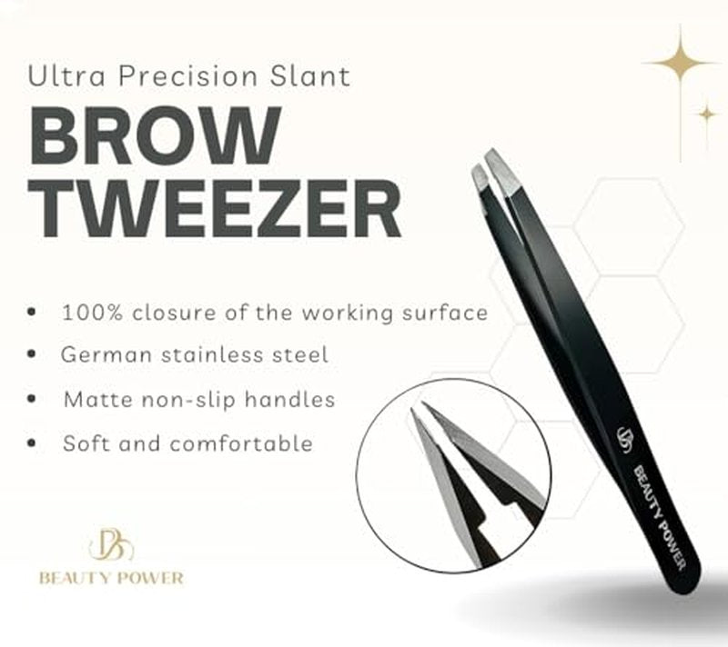 Beauty Power Professional Tweezers - Slant, Durable Lightweight German Stainless Steel, Ultra Precision Tweezers for Eyebrows, Facial Hair, Chin, and Ingrown Hair Removal (Pink)