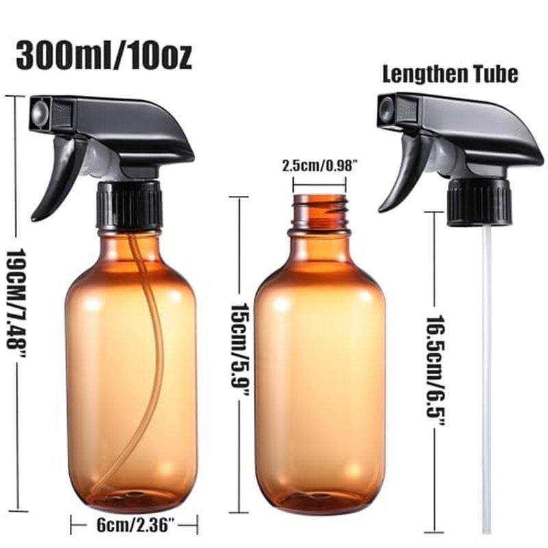 Plastic Spray Bottles Small, Mister Squirt Bottle 2 Pack, 10.1 oz Amber Refillable Empty Spray Bottles with Adjustable Mist/Stream, Water Spray Bottle for Hair, Plant, Pet, Cleaning, Cooking