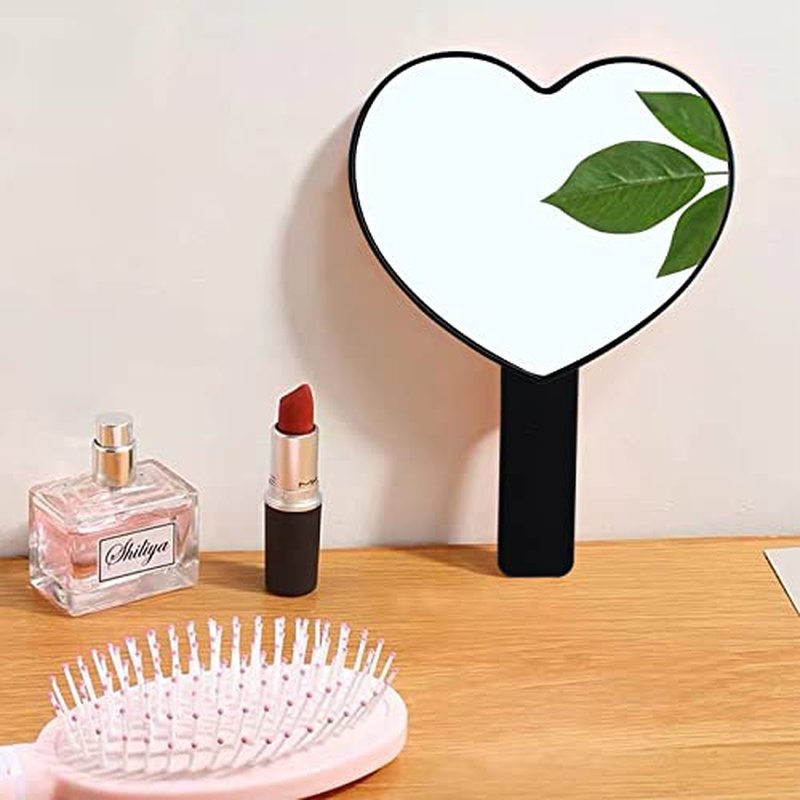 TBWHL Heart-Shaped Travel Handheld Mirror, Cosmetic Hand Mirror with Handle (Black, 1Pack)