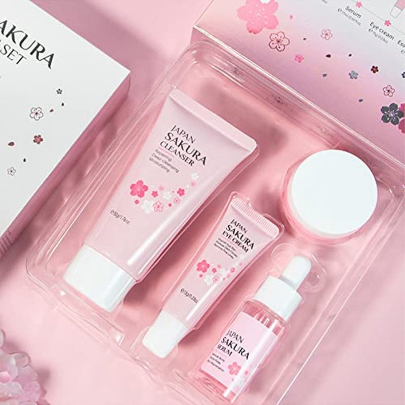 Skin Care Set - Sakura Skin Care Sets & Kits - Women Gift Sets with Cleanser,Serum,Eye Cream,essence Cream - Beauty Products For Women - Skin Care Routine Travel Kit (SetB)