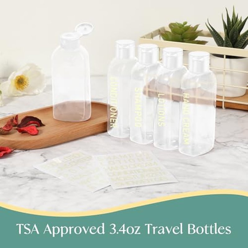 5 Pack Travel Bottles for Toiletries, 3.4oz TSA Approved Travel Size Containers, Leak Proof Refillable Travel Accessories for Shampoo Conditioner, Plastic Travel Bottles with Toiletry Bag and Label.