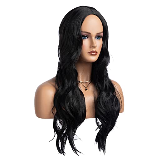 RicHyun Black Wig Long Curly Wavy Black Wig Middle Part Cosplay Wig Synthetic Heat Resistant Costume Halloween Wigs for Women Girls (Black)