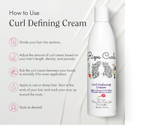 Rizos Curls Curl Defining Cream, Enhance Waves, Curls & Coils, Soft Hold Weightless Volume, Moisturizing Frizz-Free Shine with Aloe Vera, Coconut Oil & Shea Butter, All Curl Patterns 2a - 4c, 10 oz