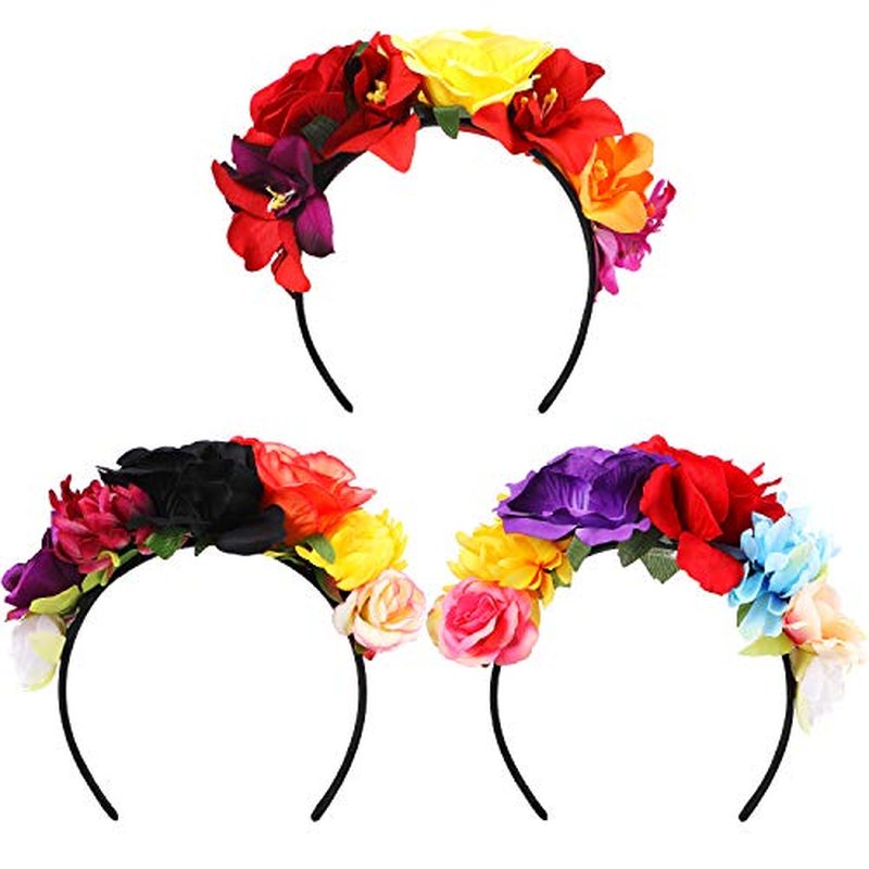 WILLBOND 3 Pcs Mexican Rose Flower Crown Headband Day of The Dead Headband Halloween Cosplay Headpiece(Fresh Colors)
