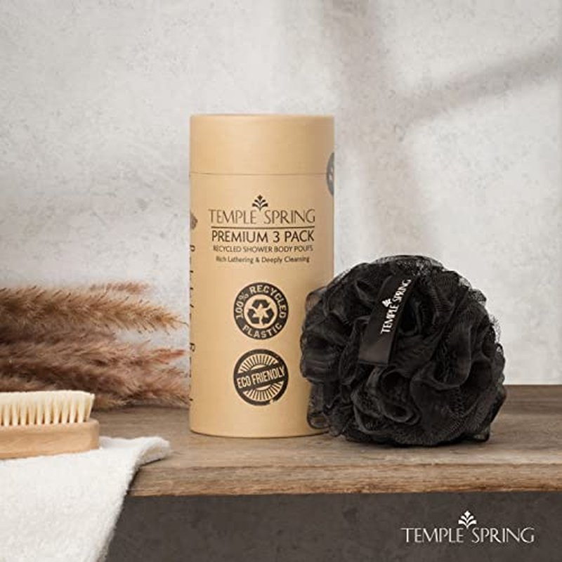 Temple Spring Shower Loofahs 3 Pack - Natural Recycled Shower Puffs for Body Set for Men and Women - Loofah Exfoliating Body Scrubber, Bath Poufs or Shower Scrunchie - Pebble Beach