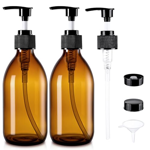 Glass Pump Bottle Dispenser 10.8 oz，Homepicker Lotion Bottle with Pump for Body Oil，300ml Amber Glass Bottles with 1 Extra Pump Tops, Black Caps, Labels (2 Pack)